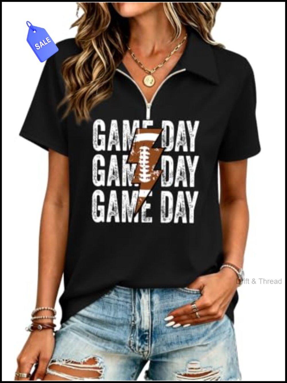 Women Football Game Day Quarter Zip V Neck Polo Shirt Polyester Rayon Spandex